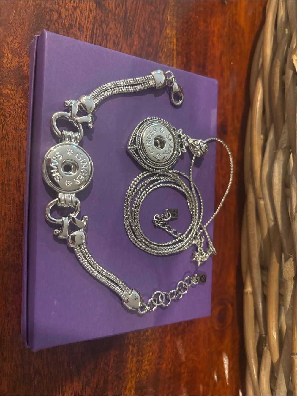 Silver Snap-Button Bracelet and Necklace Set with Medallion Charms